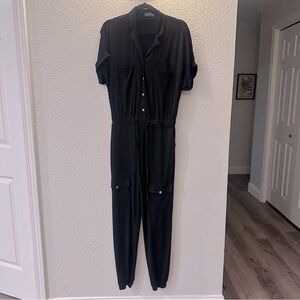 Brigette Brianna M Black Wrinkle-Free Jumpsuit Button-Down Elastic Waist Pockets